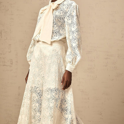 Cheyenne White Shirt and Trousers Set with Guipure Lace and Ribbon Tie-Neck Detailing