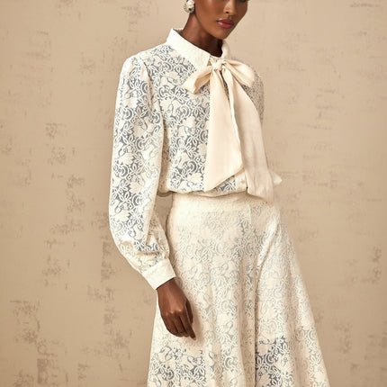 Cheyenne White Shirt and Trousers Set with Guipure Lace Accents and Ribbon Tie-Neck Detailing