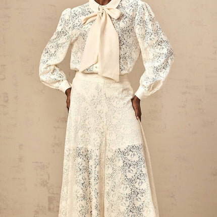 Cheyenne White Shirt Trousers Set Guipure Lace Ribbon Tie Neck Wide Leg Elegant Sophisticated Luxury