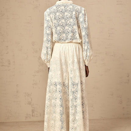 Cheyenne White Shirt Trousers Set Guipure Lace Ribbon Tie Neck Wide Leg Cut Elasticated Waistband