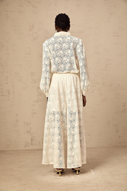 Cheyenne White Shirt Trousers Set Guipure Lace Ribbon Tie Neck Wide Leg Cut Elasticated Waistband