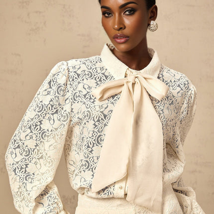 Cheyenne White Shirt and Trousers Set with Guipure Lace Accents and Ribbon Tie-Neck Detailing
