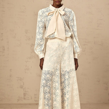 Cheyenne White Shirt Trousers Set Lace Ribbon Detailing