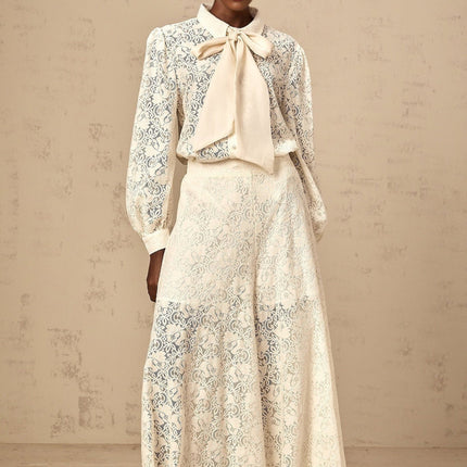 Cheyenne White Shirt Trousers Set Guipure Lace Ribbon Tie Wide Leg Elegant Luxury