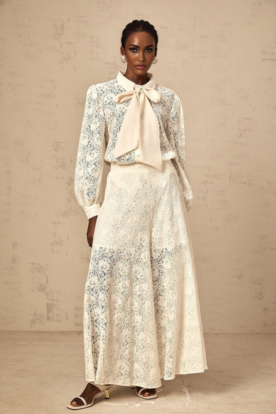 Cheyenne White Shirt Trousers Set Guipure Lace Ribbon Tie Wide Leg Elegant Luxury