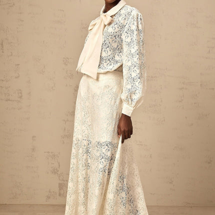 Cheyenne White Shirt Trousers Set Guipure Lace Ribbon Tie Elasticated Waistband