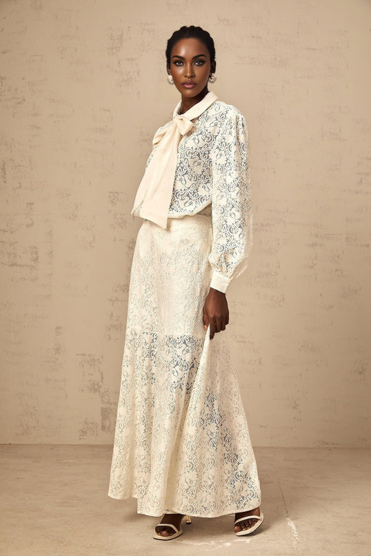 Cheyenne White Shirt Trousers Set Guipure Lace Ribbon Tie Elasticated Waistband