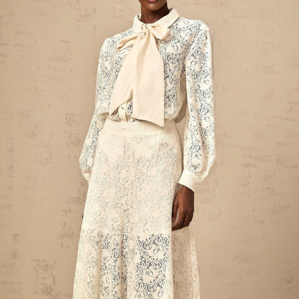 Cheyenne White Shirt Trousers Set Guipure Lace Ribbon Tie Wide Leg Cut