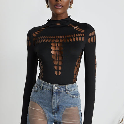 Chiara Black Bodysuit with Cut-Out Design and Thumb Slots