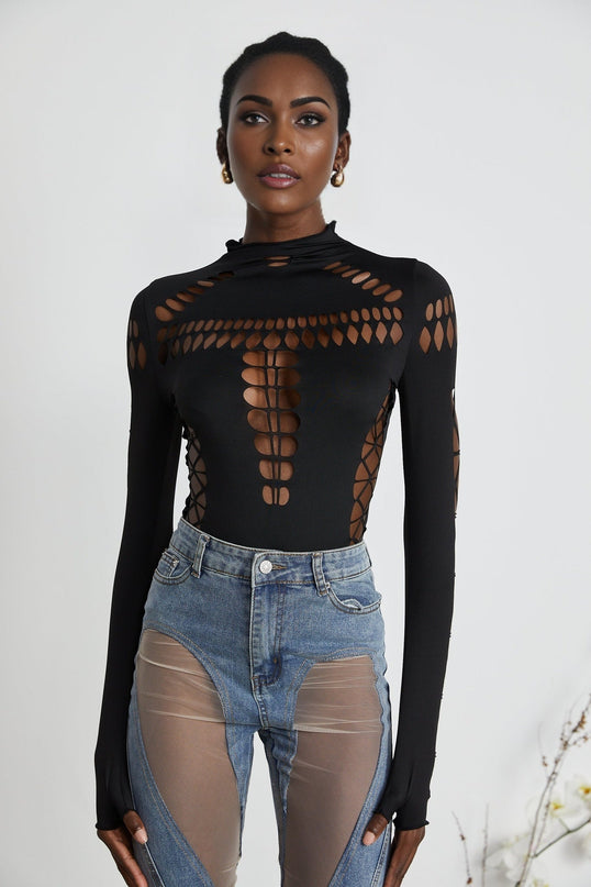 Chiara Black Bodysuit with Cut-Out Design and Thumb Slots