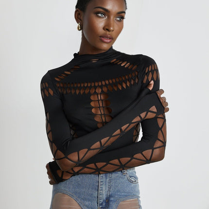 Chiara Black Bodysuit Mock Neck Cut Out Long Sleeve Thumb Slot Bodycon Fit Terylene Elastane Blend Glamour Allure