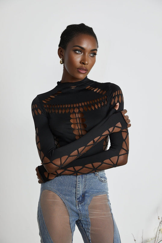 Chiara Black Bodysuit Mock Neck Cut Out Long Sleeve Thumb Slot Bodycon Fit Terylene Elastane Blend Glamour Allure