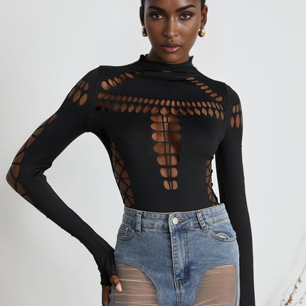 Chiara Black Bodysuit with Mock Neck and Cut-Out Design