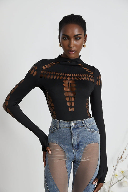 Chiara Black Bodysuit with Mock Neck and Cut-Out Design