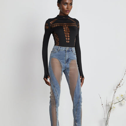 Chiara Black Bodysuit with Cut-Out Design and Thumb Slots
