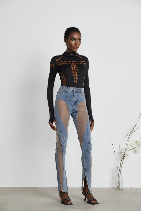 Chiara Black Bodysuit with Cut-Out Design and Thumb Slots