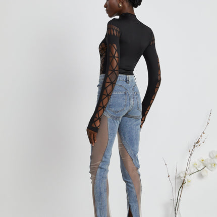 Chiara Black Bodysuit with Mock Neck and Cut-Out Design
