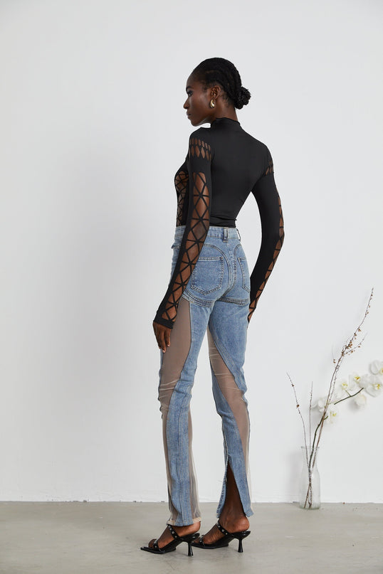 Chiara Black Bodysuit with Mock Neck and Cut-Out Design