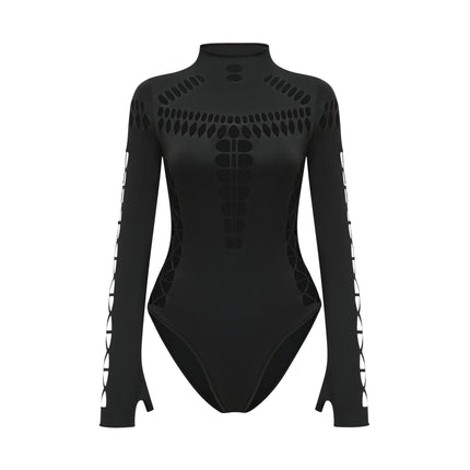 Chiara Black Bodysuit with Mock Neck and Cut-Out Design