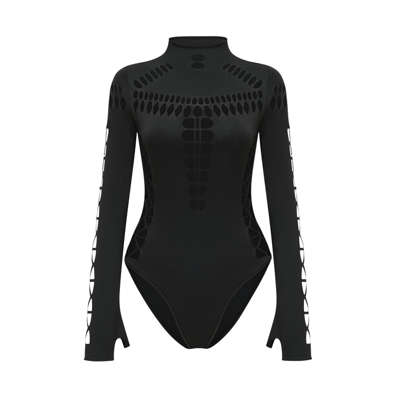 Chiara Black Bodysuit with Mock Neck and Cut-Out Design