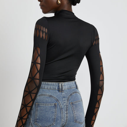 Chiara Black Bodysuit with Mock Neck and Cut-Out Design