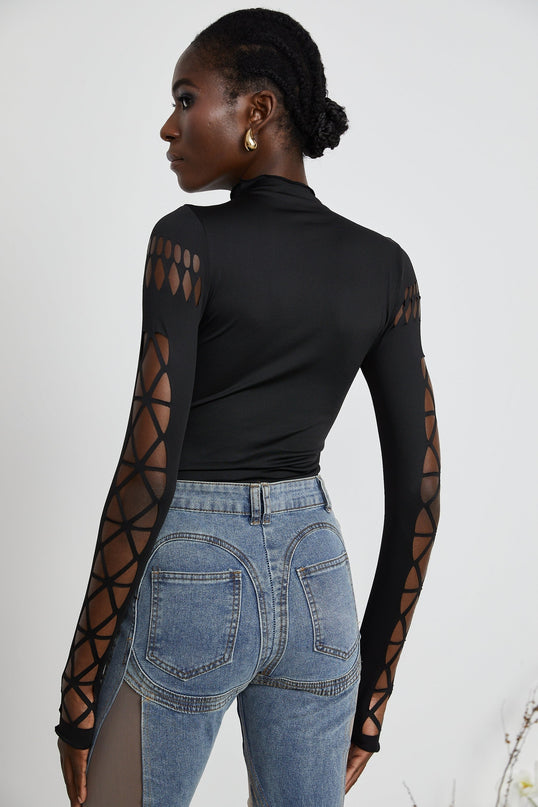 Chiara Black Bodysuit with Mock Neck and Cut-Out Design