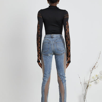 Chiara Black Bodysuit with Mock Neck and Cut-Out Design