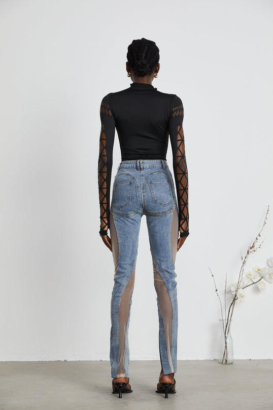Chiara Black Bodysuit with Mock Neck and Cut-Out Design