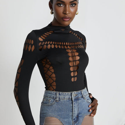 Chiara Black Bodysuit with Cut-Out Design and Mock Neck in Terylene and Elastane Blend