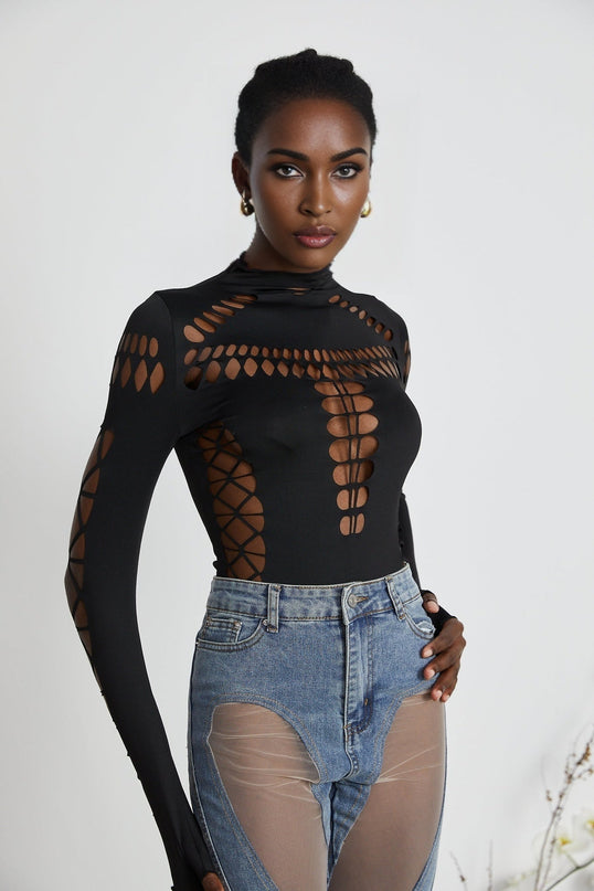 Chiara Black Bodysuit with Cut-Out Design and Mock Neck in Terylene and Elastane Blend