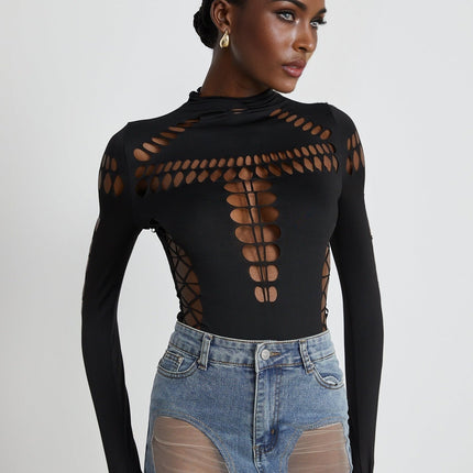 Chiara Black Bodysuit with Mock Neck and Cut-Out Design