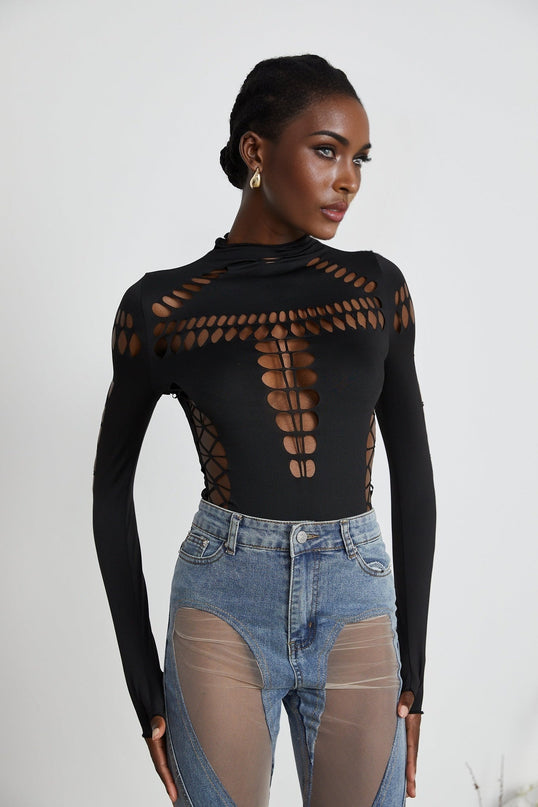 Chiara Black Bodysuit with Mock Neck and Cut-Out Design