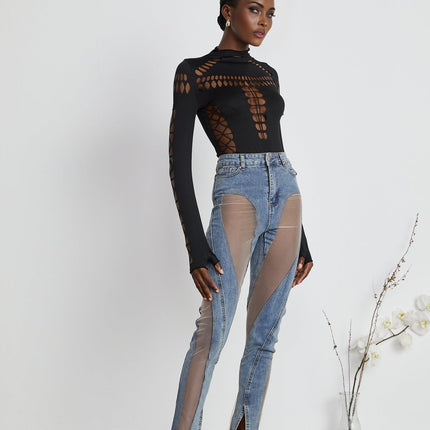 Chiara Black Bodysuit with Cut-Out Design and Thumb Slots