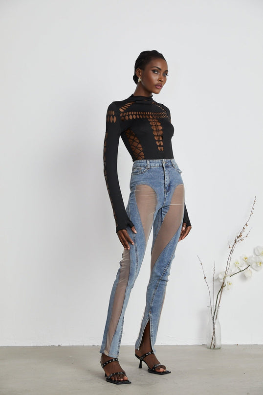 Chiara Black Bodysuit with Cut-Out Design and Thumb Slots