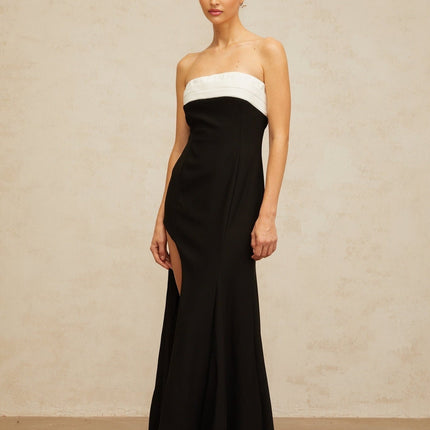 Chiara Black Color-Block Maxi Dress Terylene Off-Shoulder Side Slit Flared Hem Cinched Waist Rear Zip Fastening Elegant Sophisticated Glamorous Statement Piece Contemporary Classic Feminine