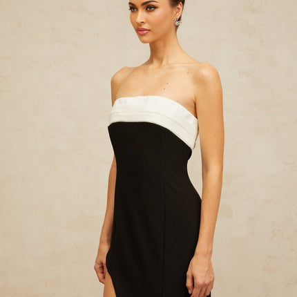 Chiara Black Color-Block Maxi Dress with Side Slit and Cinched Waist