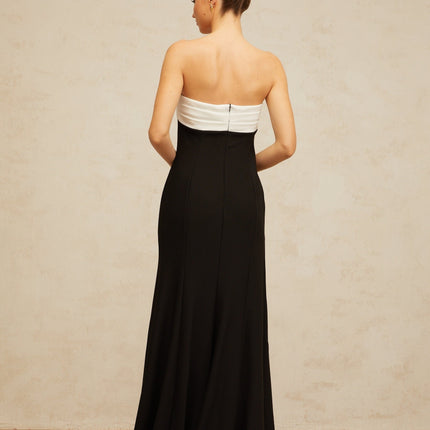 Chiara Black Color-Block Maxi Dress with Side Slit and Cinched Waist