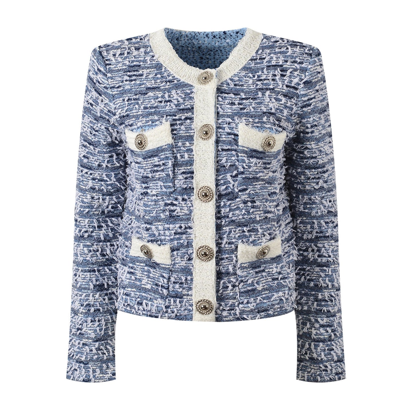 Chic Tweed Blazer with Decorative Buttons - Blue