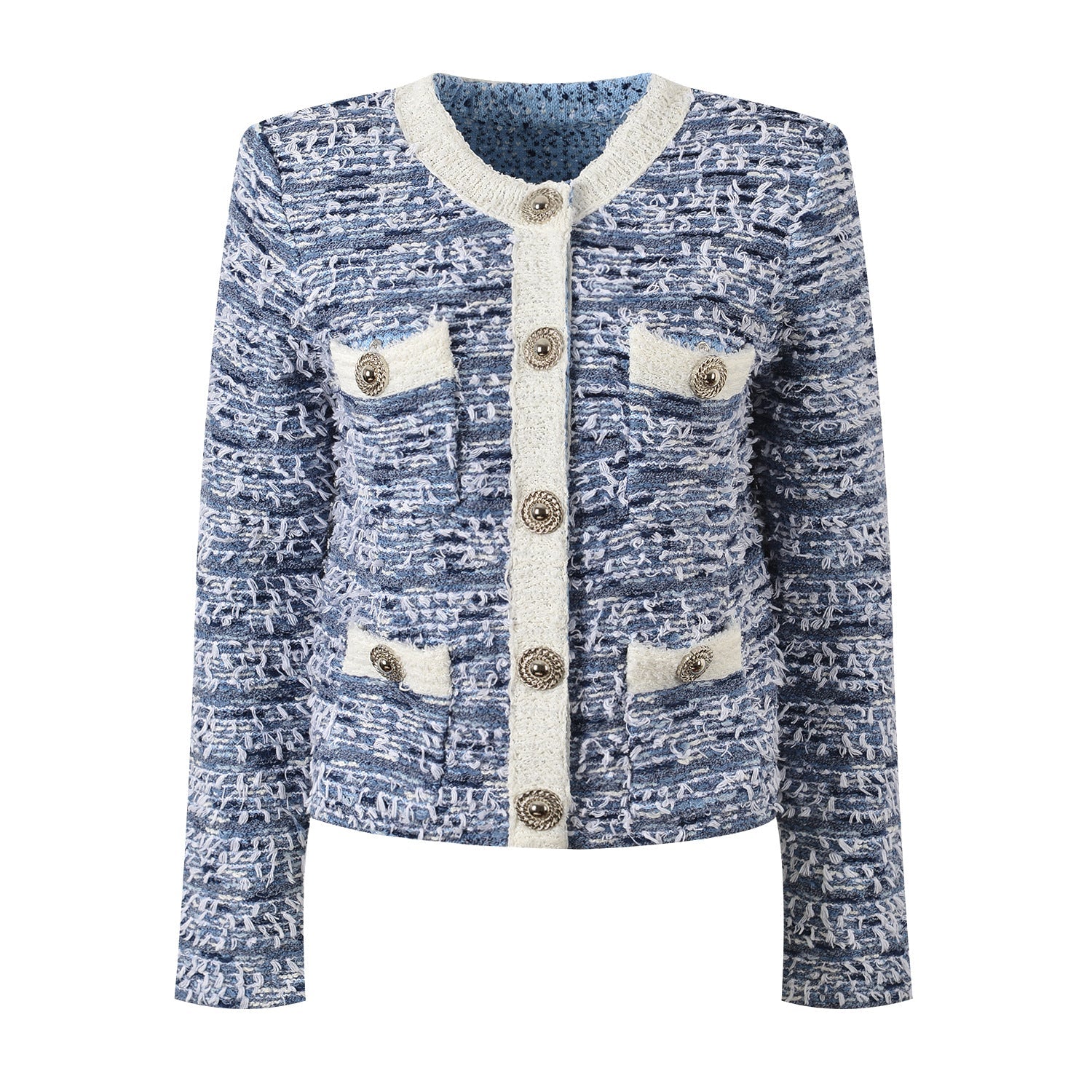 Chic Tweed Blazer with Decorative Buttons - Blue