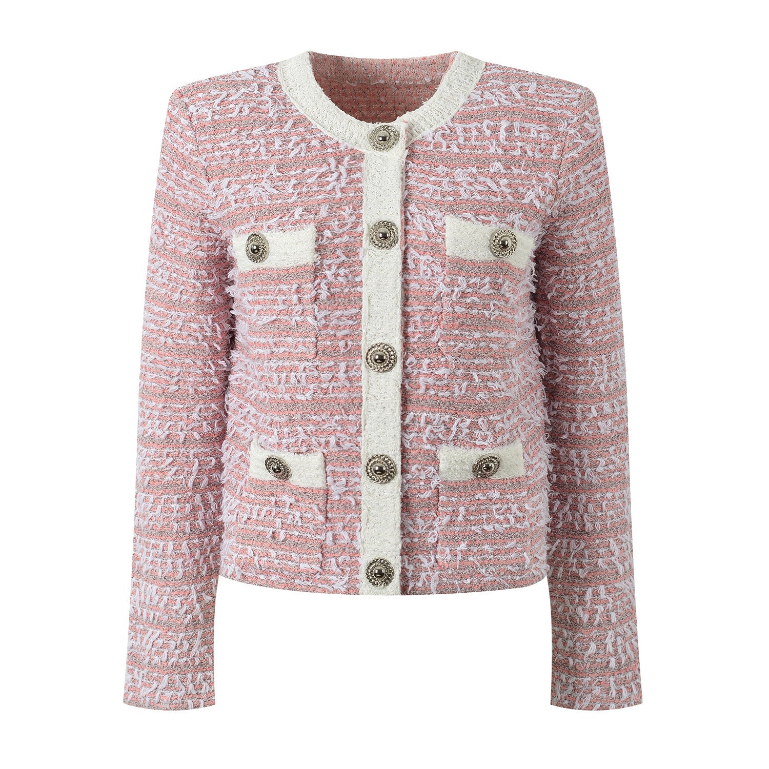 Chic Tweed Blazer with Decorative Buttons - Blue