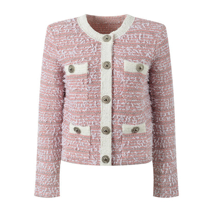 Chic Tweed Blazer with Decorative Buttons - Blue