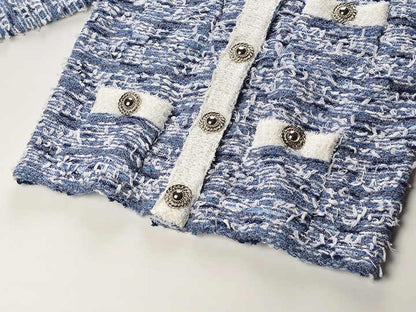 Chic Tweed Blazer with Decorative Buttons - Blue