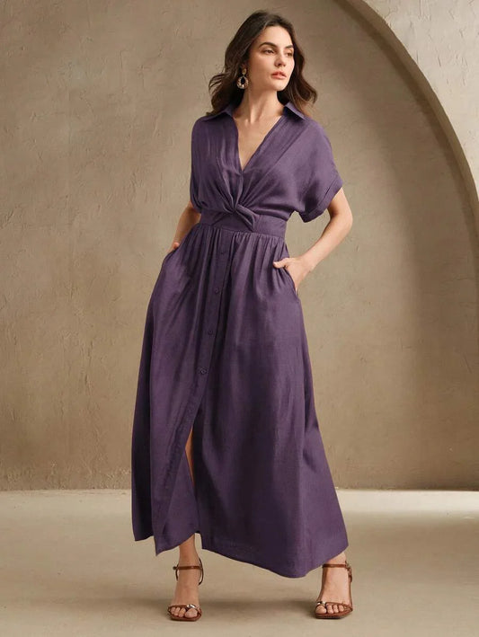 Chic VNeck SingleBreasted Twist Waist Long Dress Womens VacationFestivalGoingOut Outfits