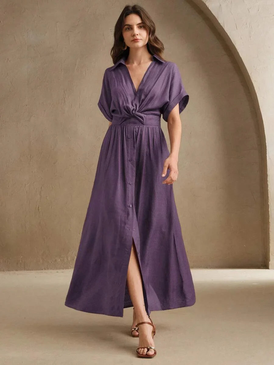 Chic VNeck SingleBreasted Twist Waist Long Dress Womens VacationFestivalGoingOut Outfits