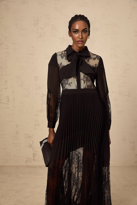 Chloe Black Maxi Dress with Ribbon Tie-Neck and Floral-Lace Panelling