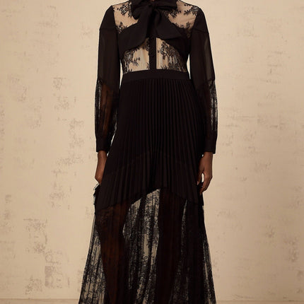 Chloe Black Maxi Dress with Ribbon Tie-Neck and Floral-Lace Panelling