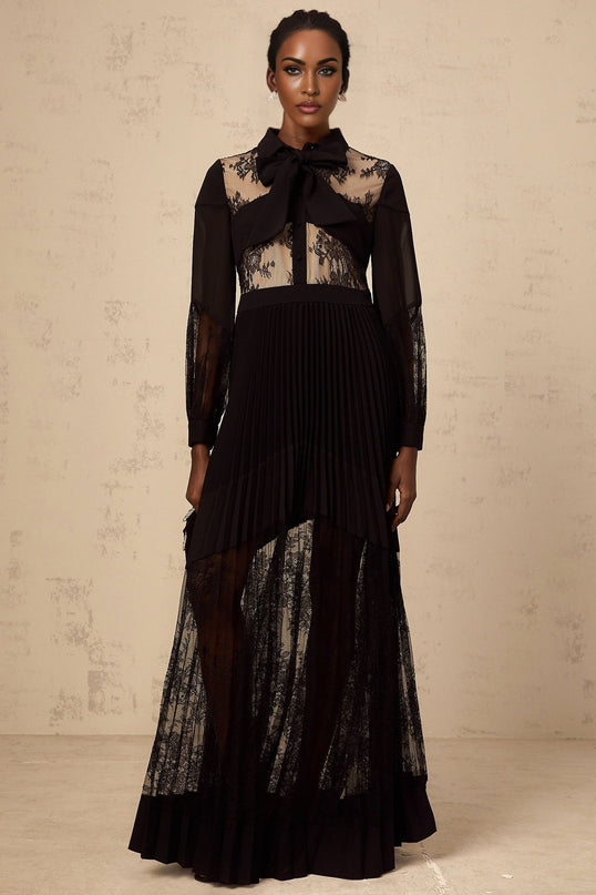 Chloe Black Maxi Dress with Ribbon Tie-Neck and Floral-Lace Panelling