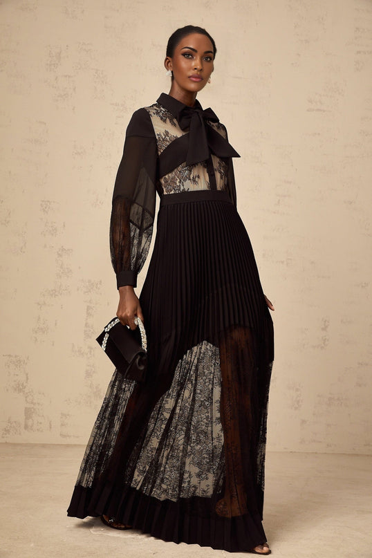 Chloe Black Maxi Dress with Ribbon Tie-Neck and Floral-Lace Panelling