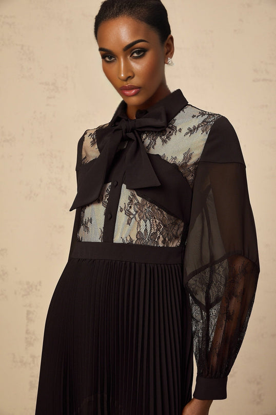 Chloe Black Maxi Dress with Ribbon Tie-Neck and Floral-Lace Panelling