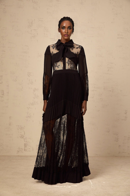 Chloe Black Maxi Dress with Ribbon Tie-Neck and Floral-Lace Panelling